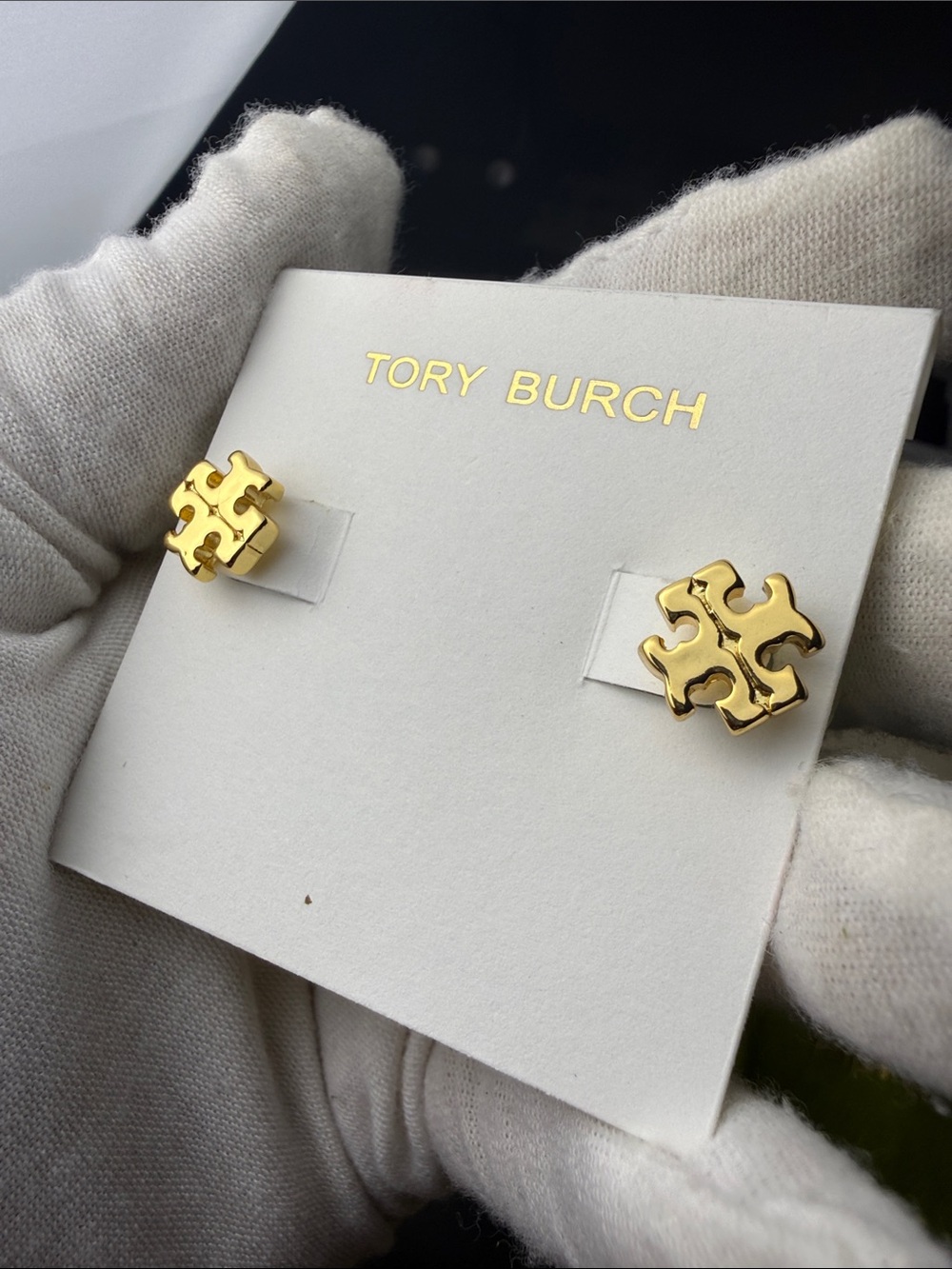 Tory Burch Gold-Tone Logo Stud Earrings with Pale Green Orb reversible - Picture 3 of 5